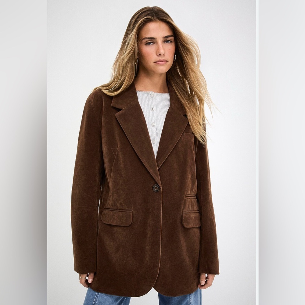 Free People Paper Cut Vegan Suede Dark Brown Oversized Blazer Size Medium